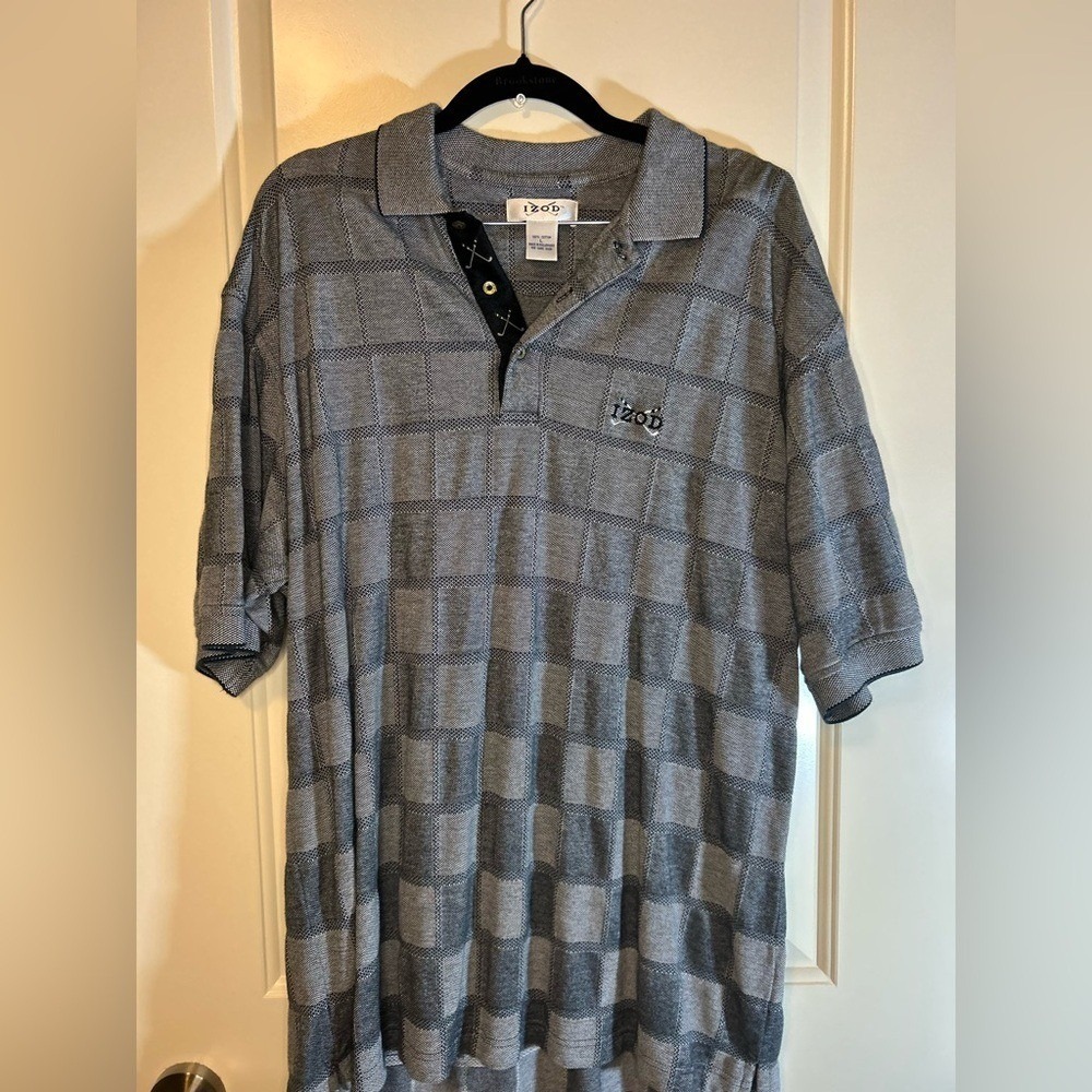 Izod Mens Large Grey Black Checkered Golf Polo Shirt Short Sleeve Cotton Logo